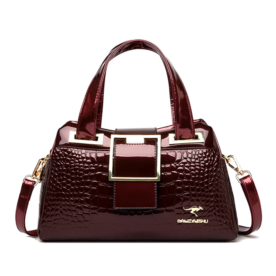 Luxury Women's Handbag with Crocodile Print, Boston Style, High Quality