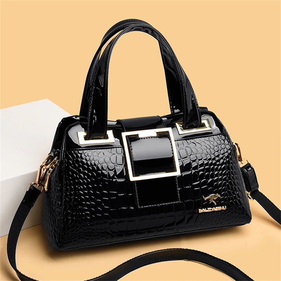 Luxury Women's Handbag with Crocodile Print, Boston Style, High Quality