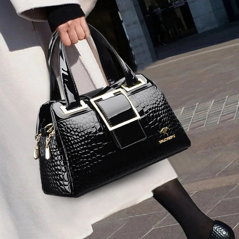 Luxury Women's Handbag with Crocodile Print, Boston Style, High Quality