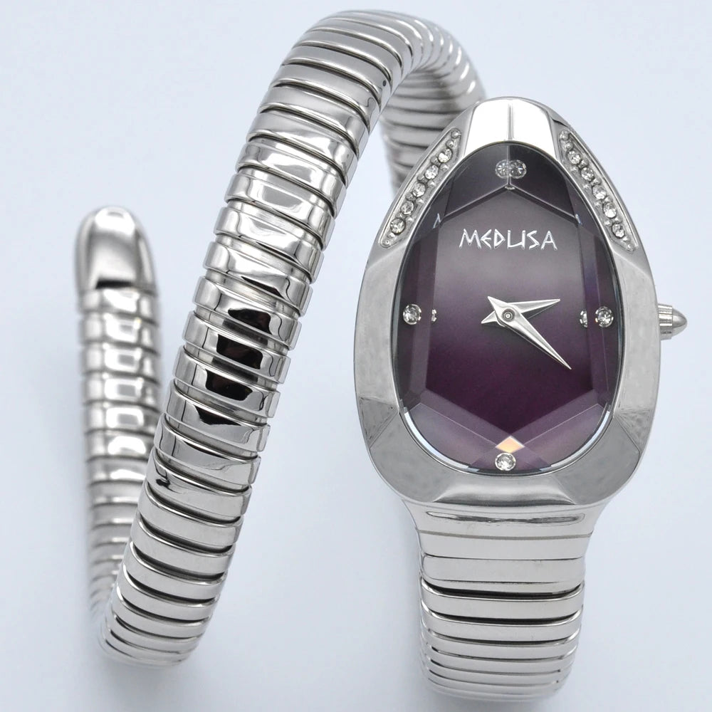 Women's wristwatch with unique snake-shaped design.