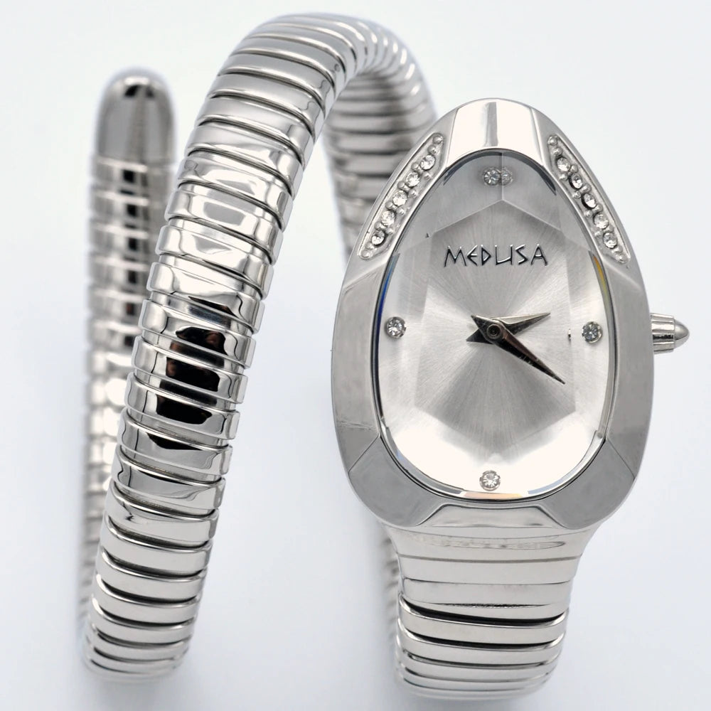 Women's wristwatch with unique snake-shaped design.
